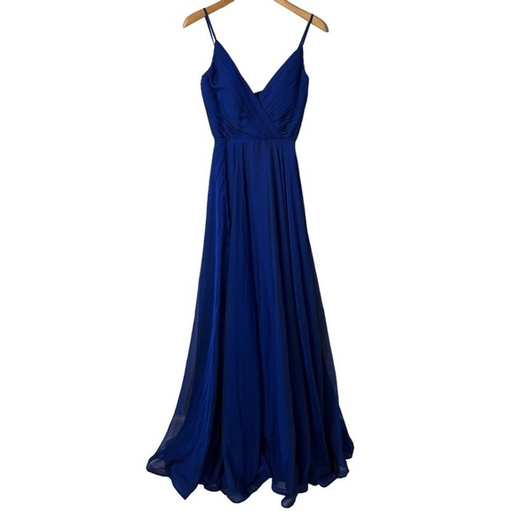 La Femme Pleated Bodice V Neck Chiffon Dress Gown Blue Size 0 Leg Slit Faux Wrap - Picture 2 of 9